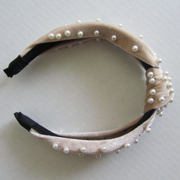 New Women’s Pearl Like Beads Beige Velvet Jeweled Hairband/Headband - Picture 3 of 5